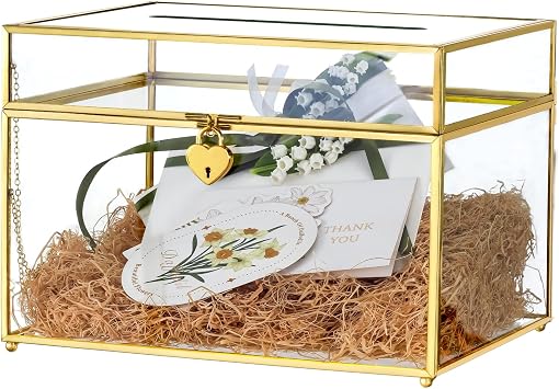 NCYP Large Glass Cards Box with Slot and Lock for Wedding Keepsake, Envelope, 12 x 9.4 x 8.4 Inch - Birthdays Party Reception, Tabletop Decor, Gold Glass Box Only