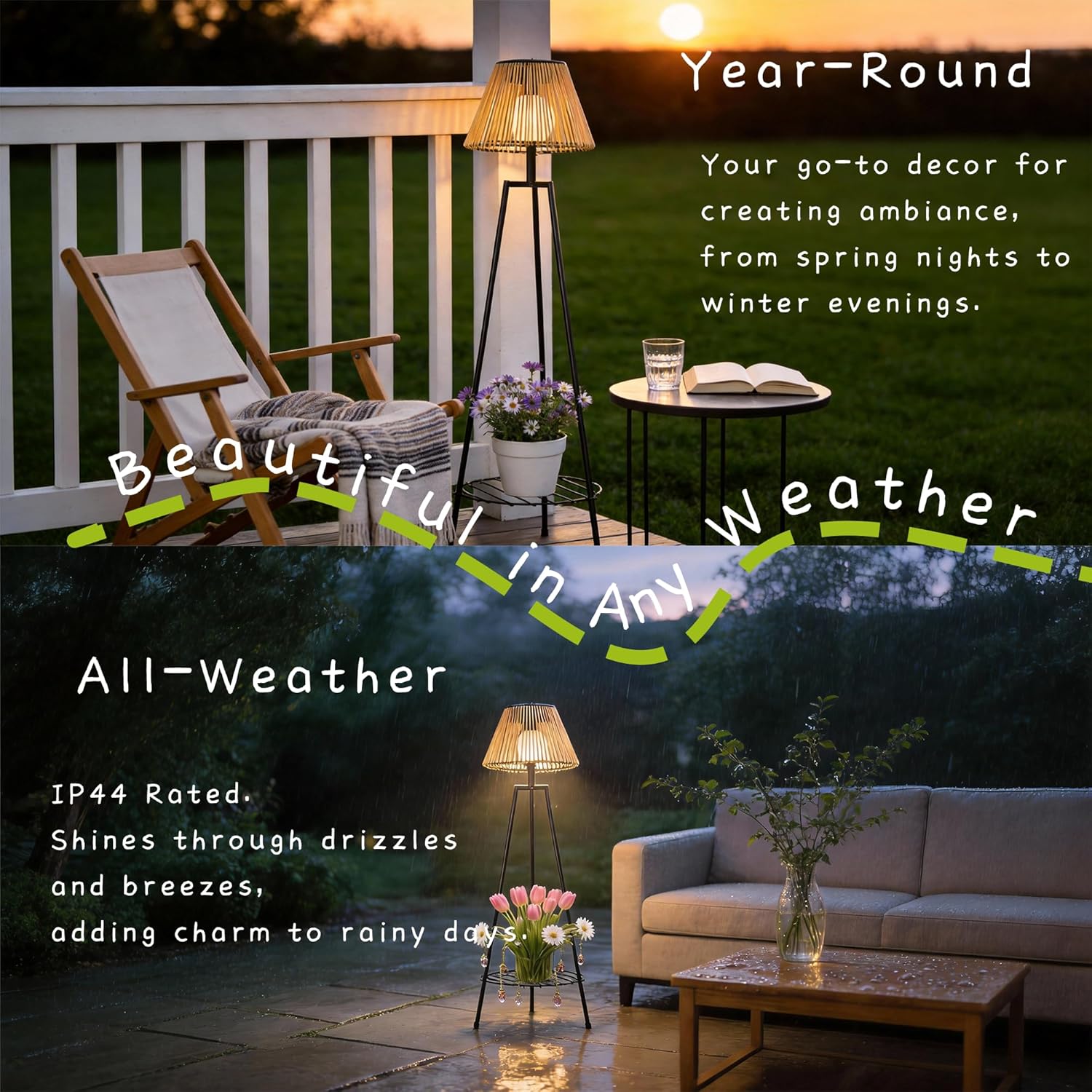 2 Pack Outdoor Solar Floor Lamp, 36'' Solar Lights Outdoor Waterproof with Plant Stand, Dusk to Dawn, Warm Yellow Light, Black Metal Stand for Deck Porch Patio Garden Decor