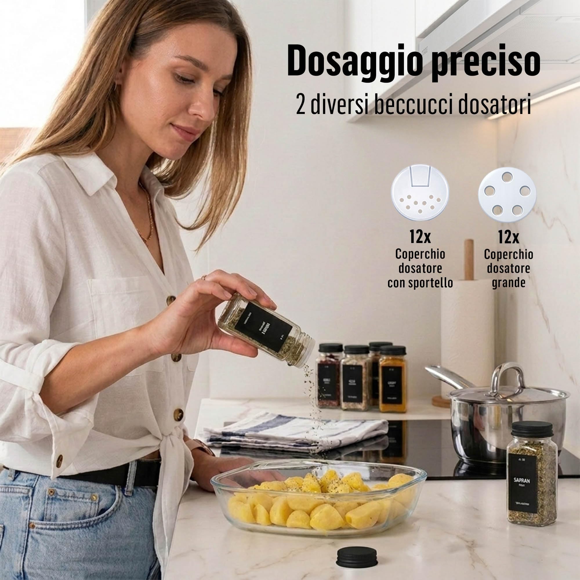 Deco haus® Set da 12 Contenitori per Spezie con Tappo a Vite - Kit per Condimenti con Etichette, Imbuto, Spazzola, Pennarello - Barattoli Portaspezie Piccoli in Vetro Trasparente da 120ml, 10,5x4,5 cm