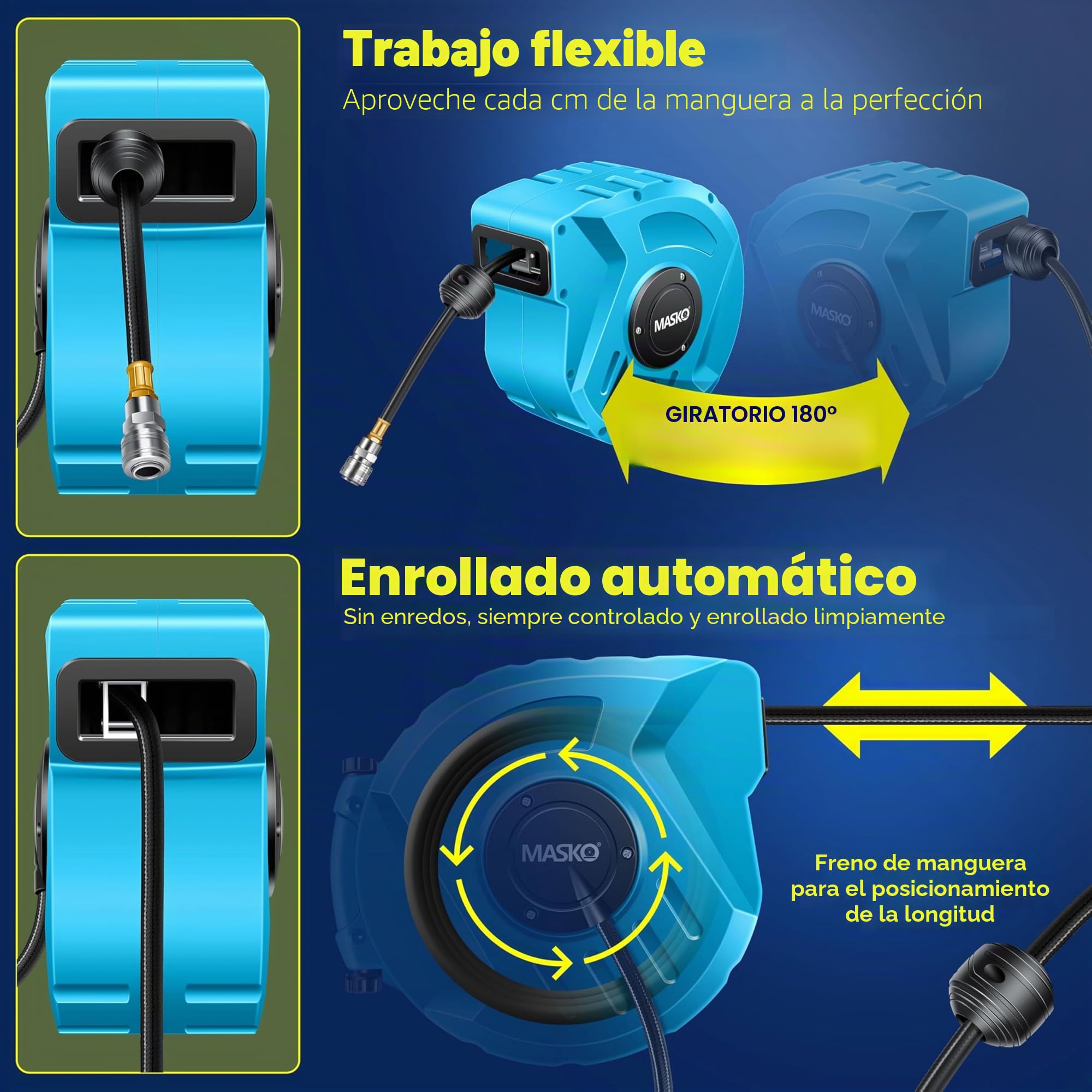 MASKO® Enrollador de manguera de aire comprimido automática, Conexión 1/4, Enrollador de mangueras, Soporte de mangueras montado en la pared, Enrollador de mangueras de aire comprimido, azul, 10m