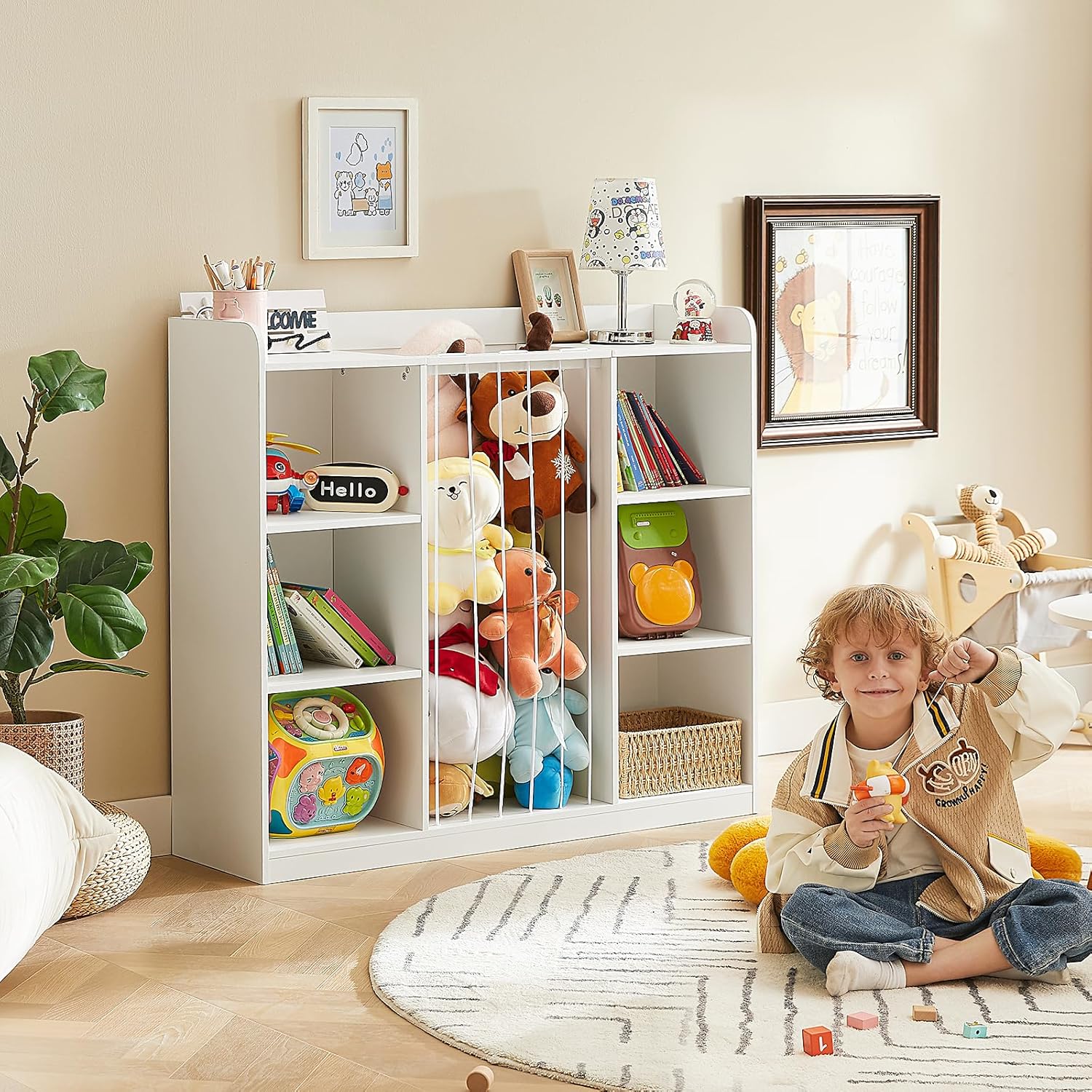 Toddler Stuffed Animal Zoo, Toy Storage Organizer for Playroom, Plush Toy Organizers and Storage, Book Shelf for Kids Rooms, Elastic Band Child Bookcase, Toy Shelf with 8 Storage Cubbies (White)
