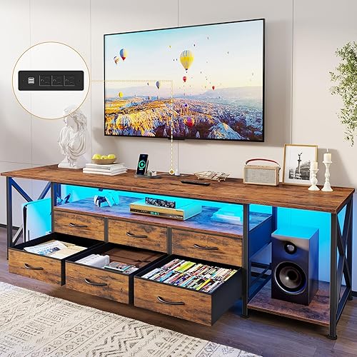 Miniatura 12 de BTHFST Soporte de TV con luces LED y tomas de corriente, para televisores de hasta 80 pulgadas, centro de entretenimiento con 6 cajones con estantes