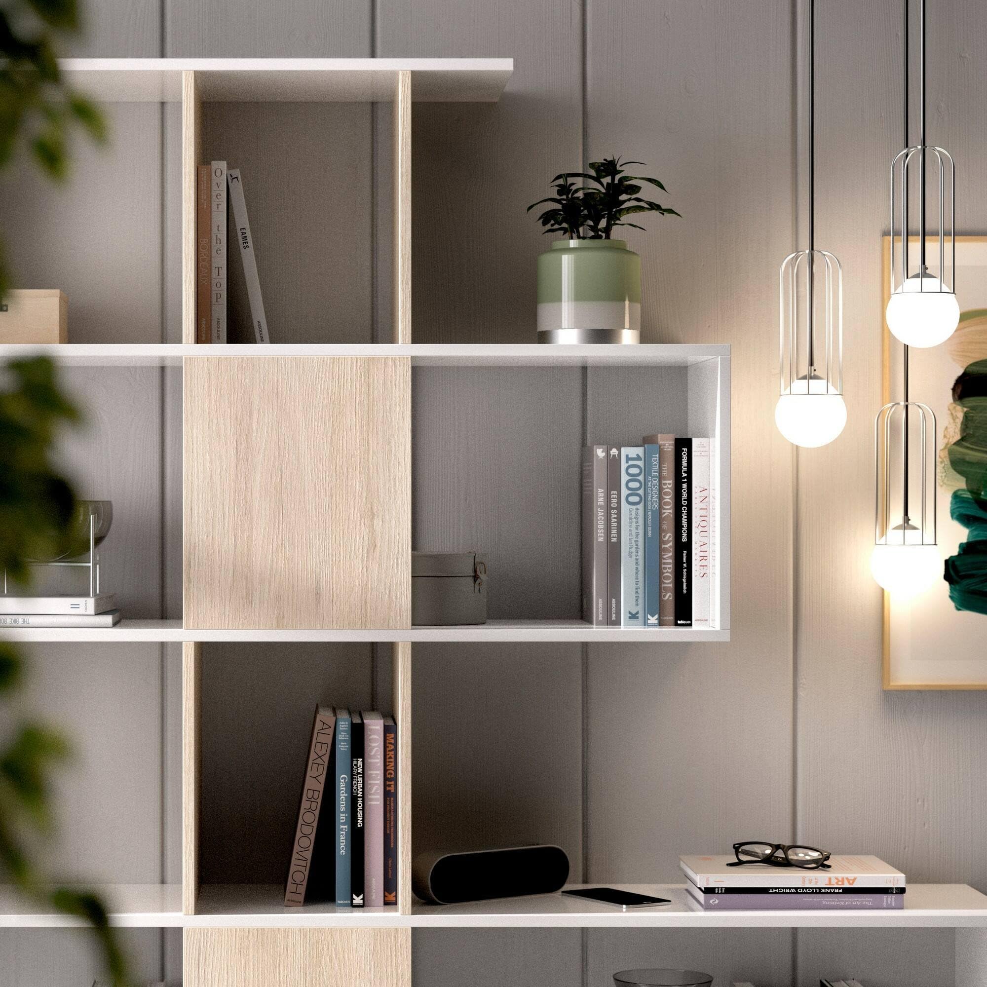 Dmora - Libreria Moneglia, Scaffale da ufficio multiuso, Mobile biblioteca portalibri a 4 ripiani, 145x29h145 cm, Bianco e Rovere