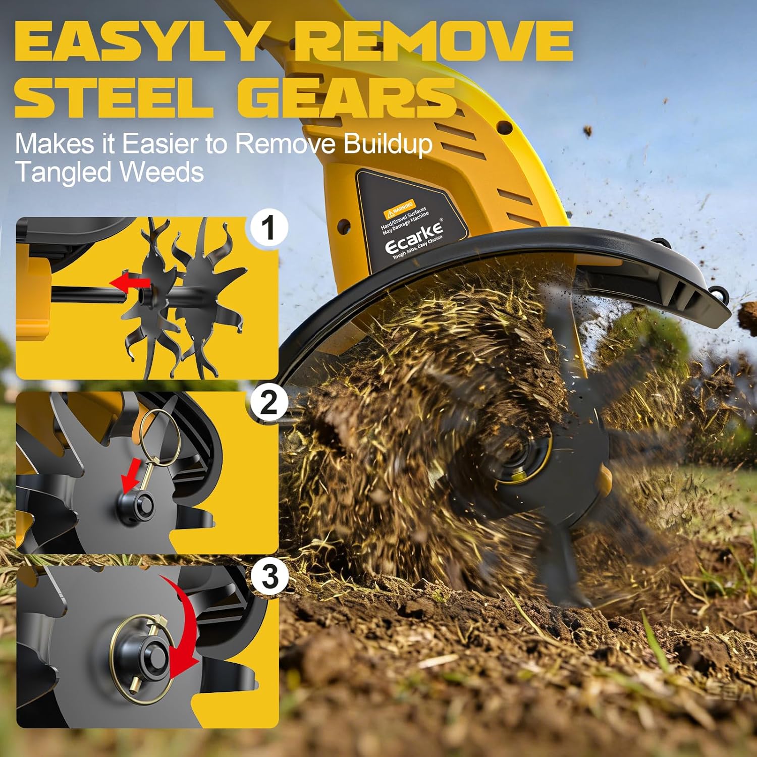 Cordless Tiller Cultivator Compatible with Dewalt 20V Battery (Tool Only), 450RPM Ecarke Electric Tiller for Gardening, 9"x6.3" Tilling, 48 Reinforced Steel Tines Rototiller for Lawn/Soil Cultivation