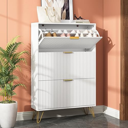 Armario de almacenamiento de zapatos con 3 cajones abatibles, gabinete de zapatos estriado de 31.5 pulgadas de ancho para entrada, almacenamiento