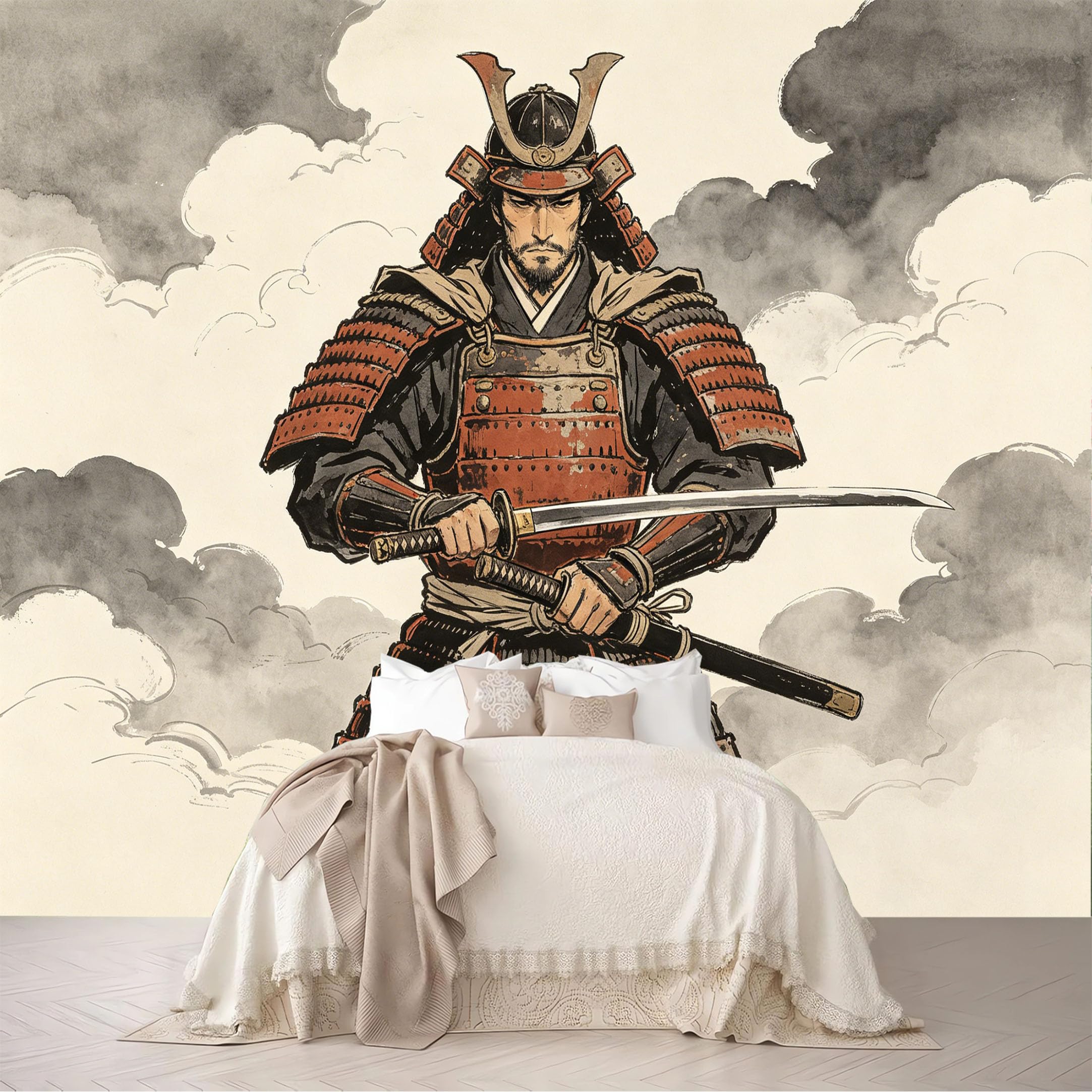 Custom Size Wall Murals Vintage Red Armor Samurai Ink Cloud Print Removable Self-Adhesive for Bedroom Living Room Dining Room