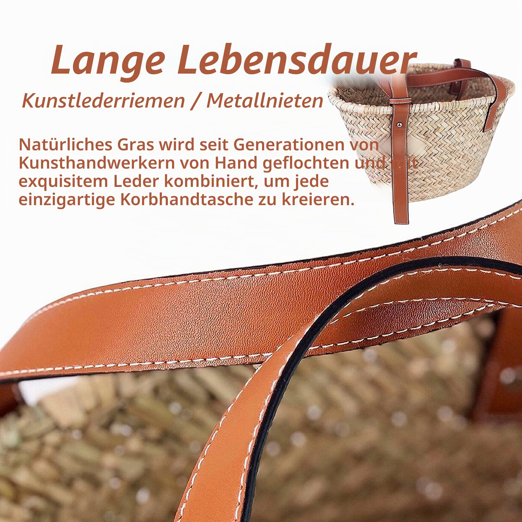 Strohkorb-Tragetasche für Damen, Mit PU-Lederhenkel, Geflochtenes Design mit Hohlmuster, Strohtasche und Handtasche mit Tragegriff, Medium