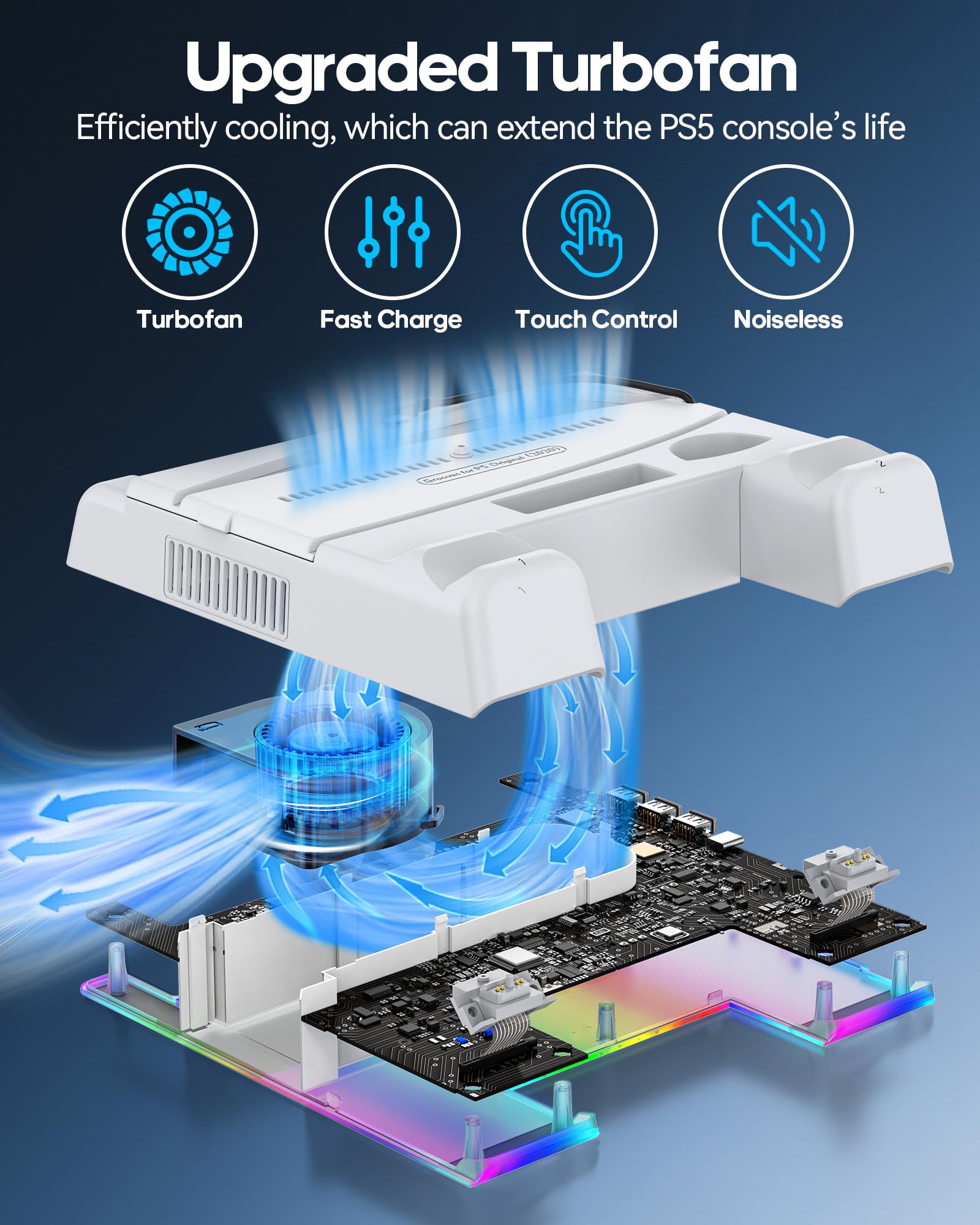 PS5/ Slim/Pro Stand for Disc & Digital Console, PS5 Cooling Station with Dual Controller Charging Station for PlayStation 5 Console, 3-Level Fan PlayStation 5 Controller Charger Accessories Stand