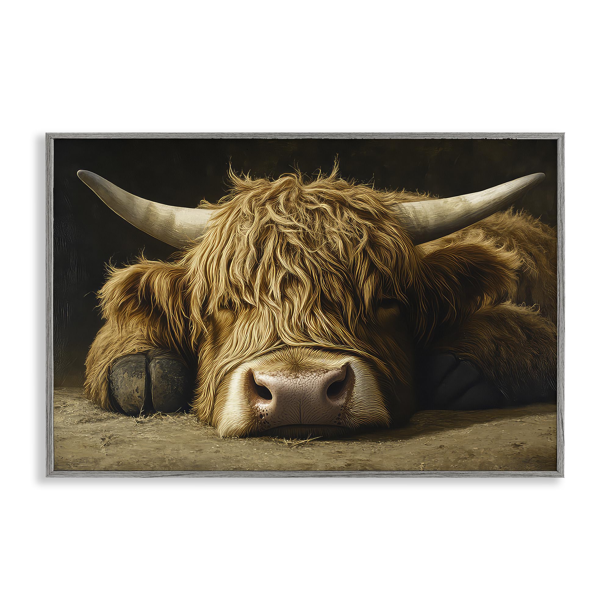 Stupell Industries 'Sleeping Highland Cow & Hoof', Framed Giclee Art, Gray, 30 x 20 Inches, Easy to Hang and Sturdy, Made in USA, by The Wands Want