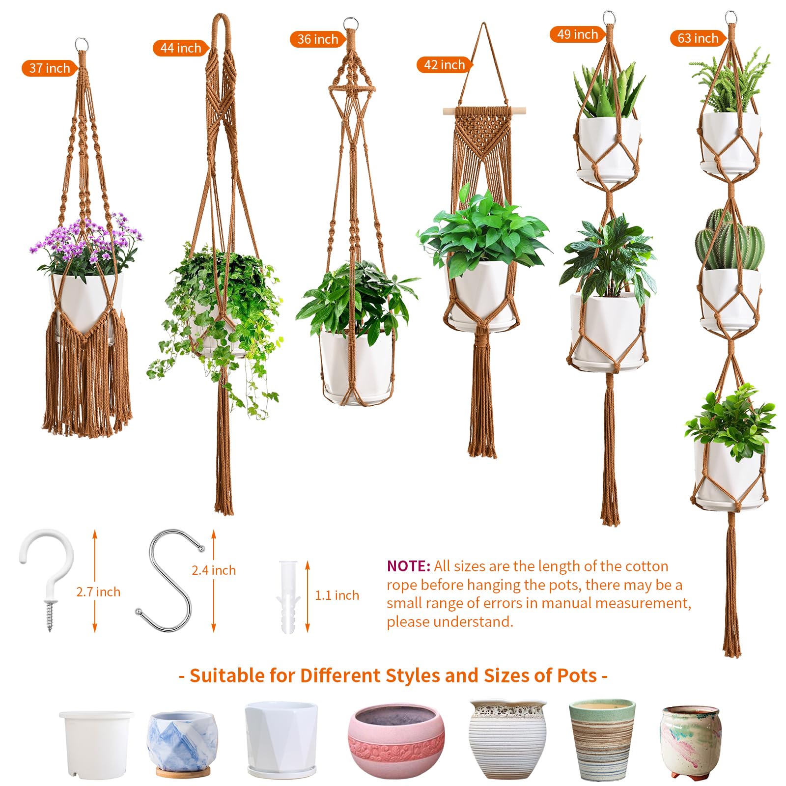 SFENNGPET Lot de 5 suspensions en macramé pour plantes d'intérieur avec 5 crochets - Kit de suspension fait à la main - Pour décoration d'intérieur bohème