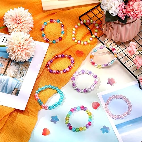 Miniatura 6 de Hicarer 20 pulseras de cuentas para niña, lindas pulseras de cuentas de arcoíris, pulseras coloridas, pulseras de princesa, pulseras elásticas de