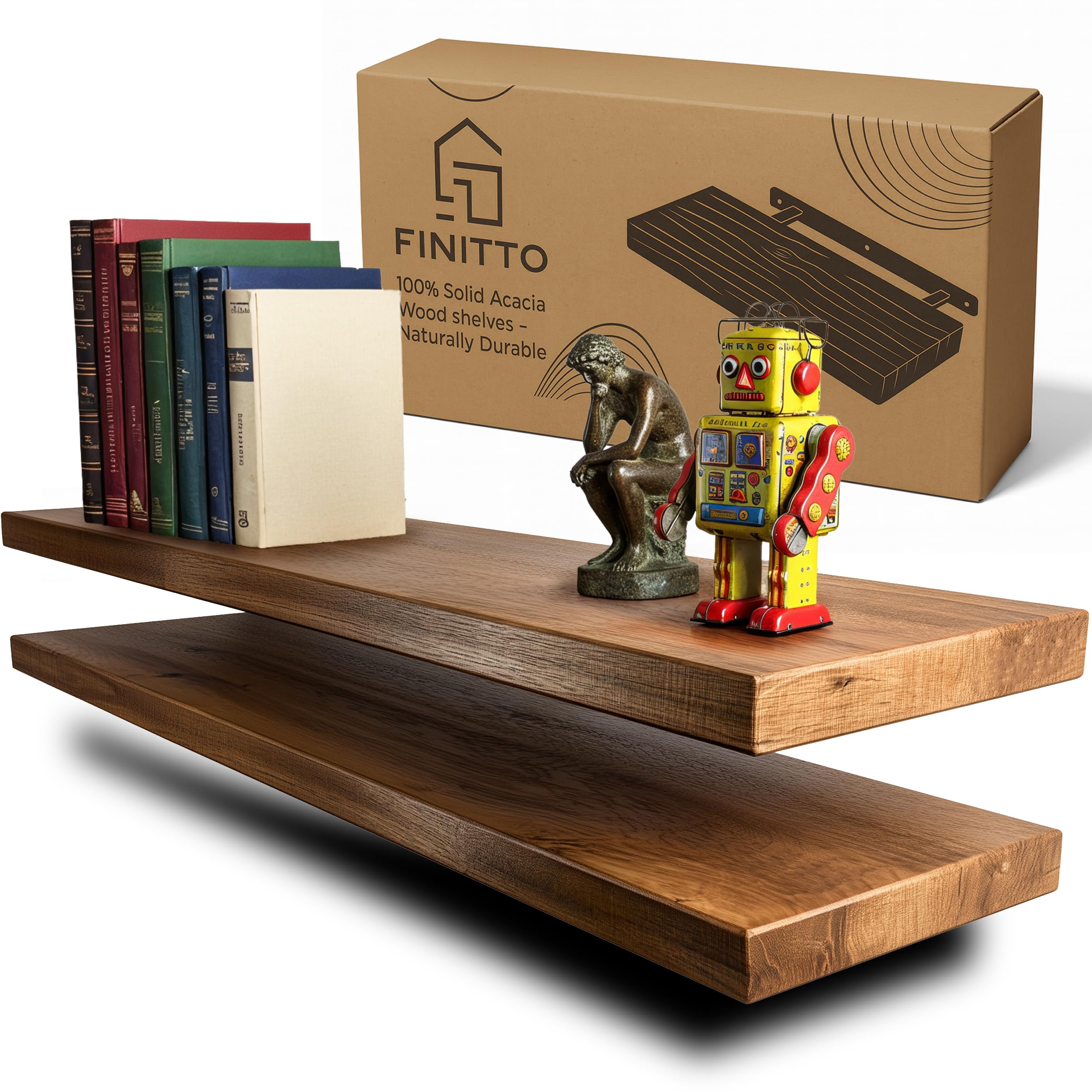 'Filo' | Estanteria Flotante de Madera de Acacia Maciza (Set de 2) | Balda de Pared Premium para Salón o Dormitorio | Estantes Decorativos con Montaje Oculto