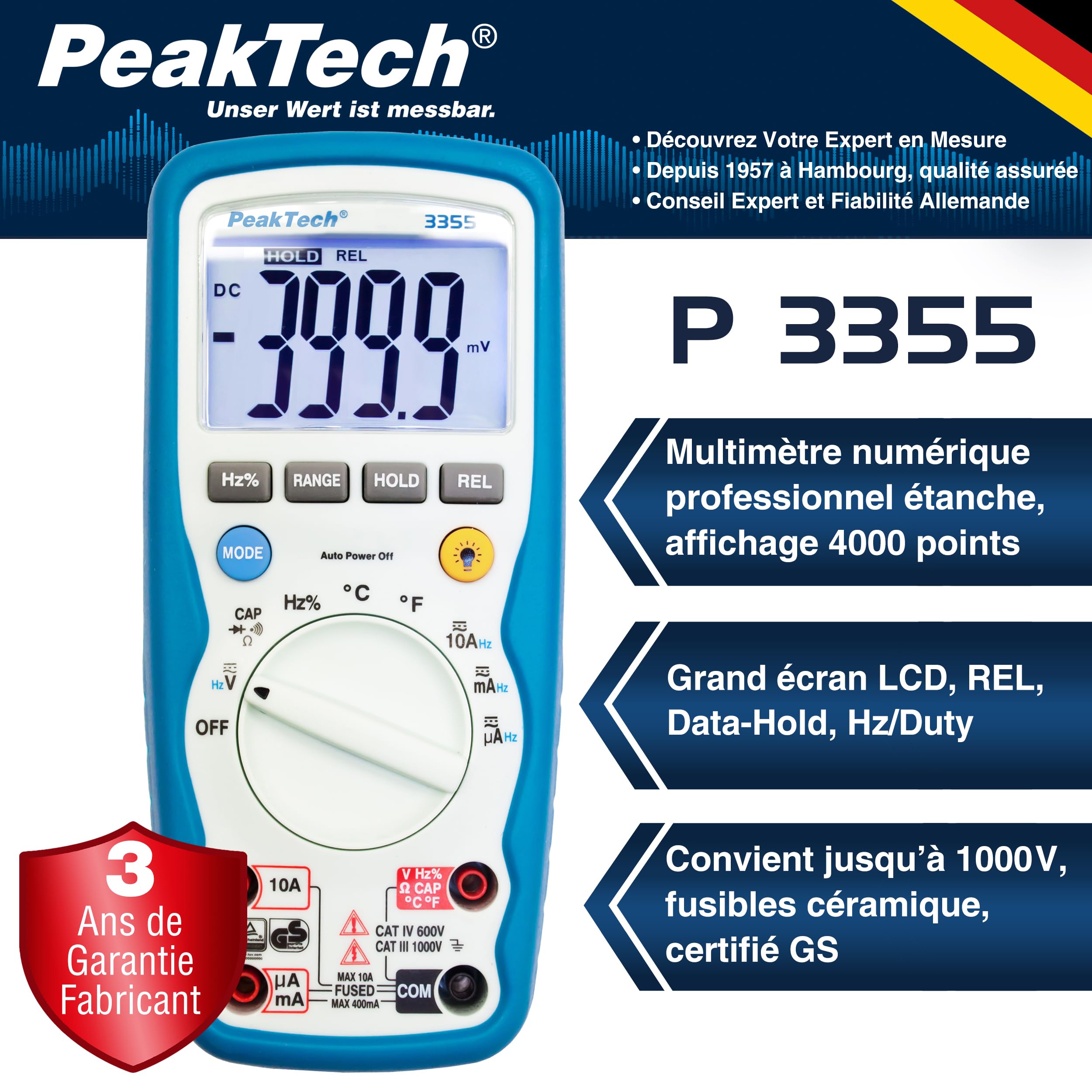 PeakTech 3355 Multimètre Numérique, étanche (IP67), écran LCD, 4000 points, Plage Automatique, Conservation des Données REL, Voltmètre, Testeur de Continuité, Appareil de Mesure - CAT III 1000 V