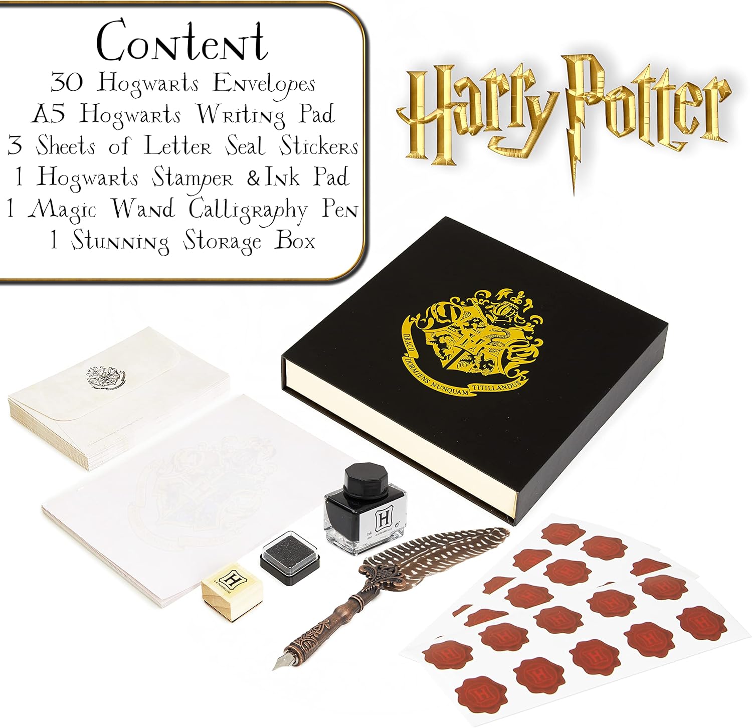 Harry Potter Gifts Calligraphy Set With Feather Quill Pen Ink Pot Envelopes Stickers Stamp Writing Pad in Collectible Keepsake Gift Box For Fans