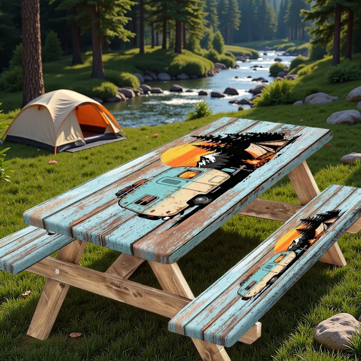 Picnic Table Cover with Bench Covers, 30x96 inch Waterproof Outdoor Camping RV Essentials Fitted Picnic Rectangle Table Cloth, Teal Brown Wood Texture Fitted Picnic Tablecloth with Elastic