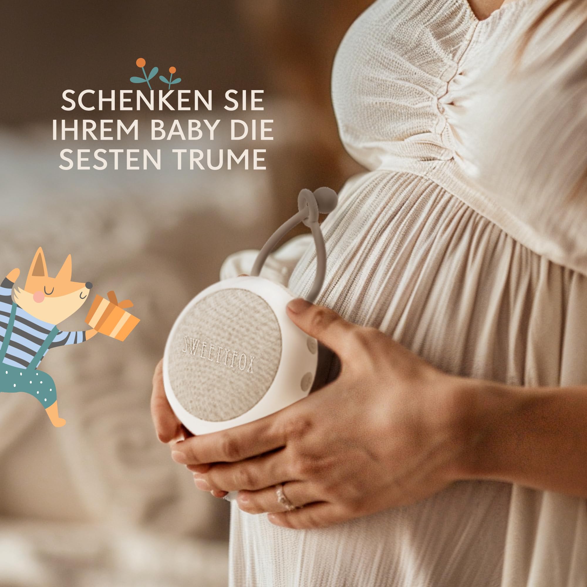 Sweety Fox White Noise Machine Baby - Weiß - Einschlafhilfe Babys, Wiegenlied, Nachtlicht und Weißes Rauschen Baby, 15 Klänge, USB Aufladbar
