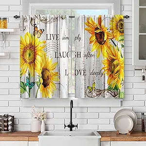Jekeno Sunflower Floral Kitchen Curtains - Flowers Butterfly Short Curtains Old Rustic Wood Barn Door Farmhouse Decor for Home Dining Living Room Rod Pocket Window Drapes 2 Panels Set, 28"x36"