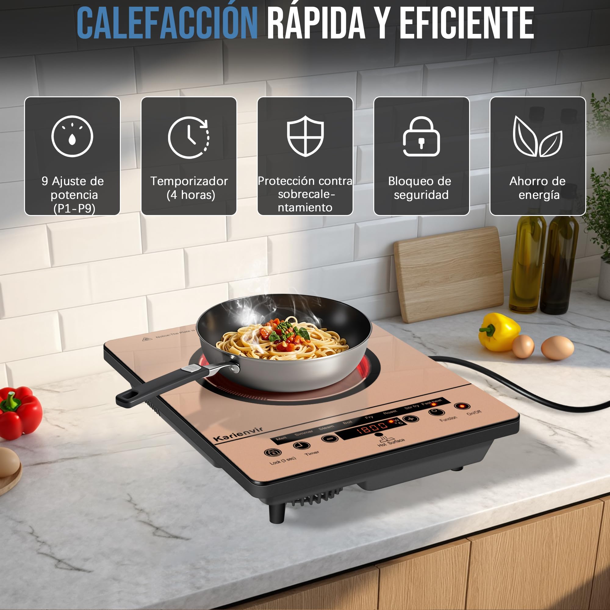 Placa Vitroceramica 1 Fuegos, Placa de Cocción Integrada, 2000W, Naranja | Placa de Cocción Integrada, Vitroceramica Portatil, Indicador de Alta Temperatura, Bloqueo para Niños, 9 Velocidades