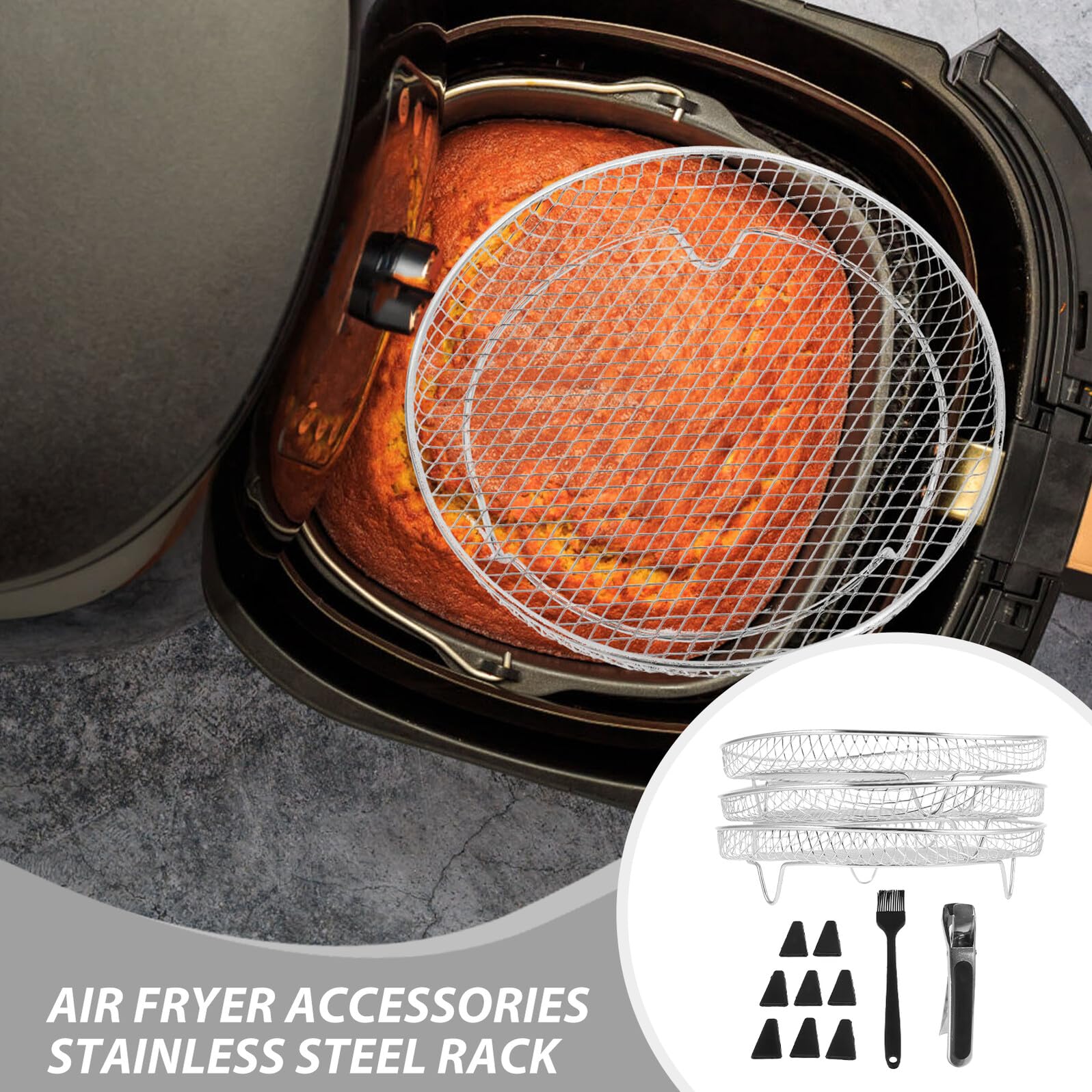Rejilla Apilable para Freidora de Aire de Acero Inoxidable Soporte Deshidratador de 3 Niveles con 8 Patas Clip y Pincel para Hornear Bandeja Multifuncional para Cocinar