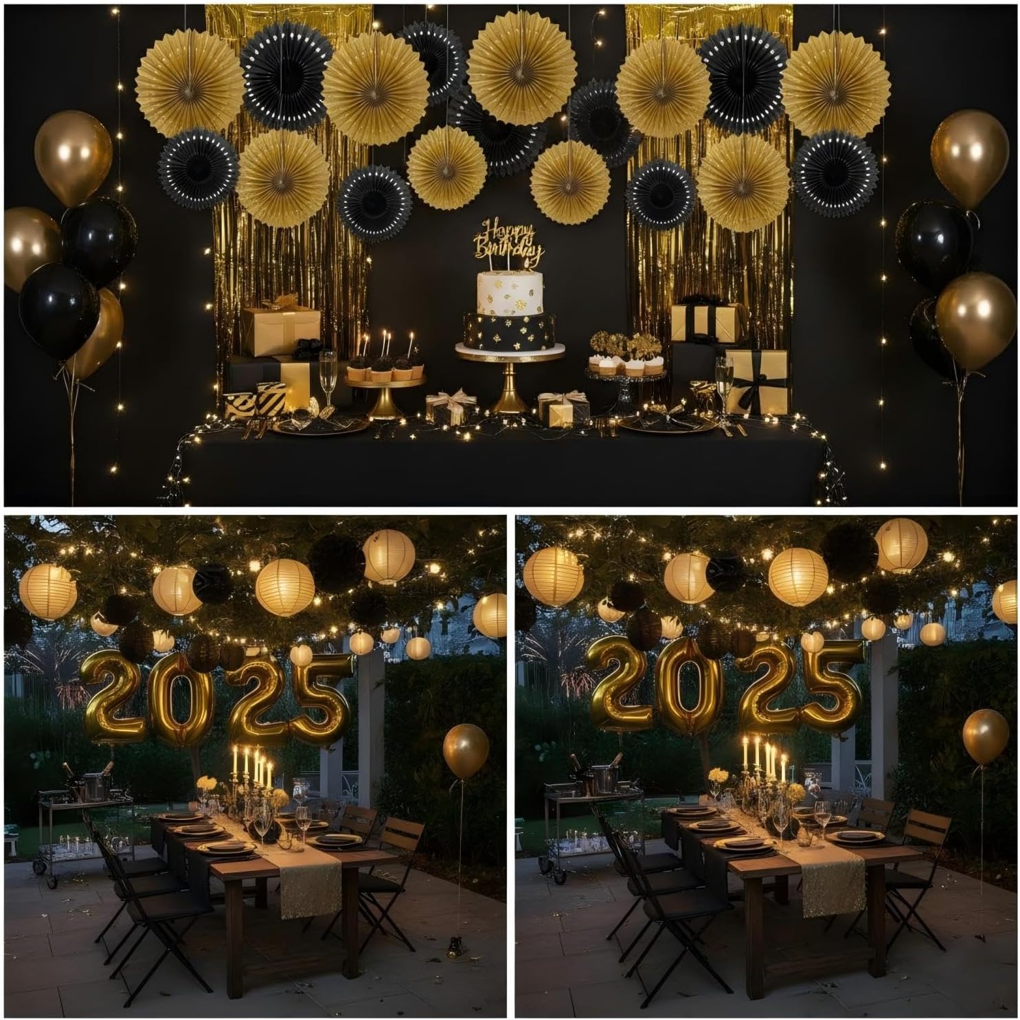 CC wonderland zone 12PCS Gold and Black Paper Fans Party Decorations,Hanging Ceiling Honeycomb Round Tissue Paper Fans for Christmas,Birthday,Wedding,Graduations,New Year Party Backdrop Anniversary