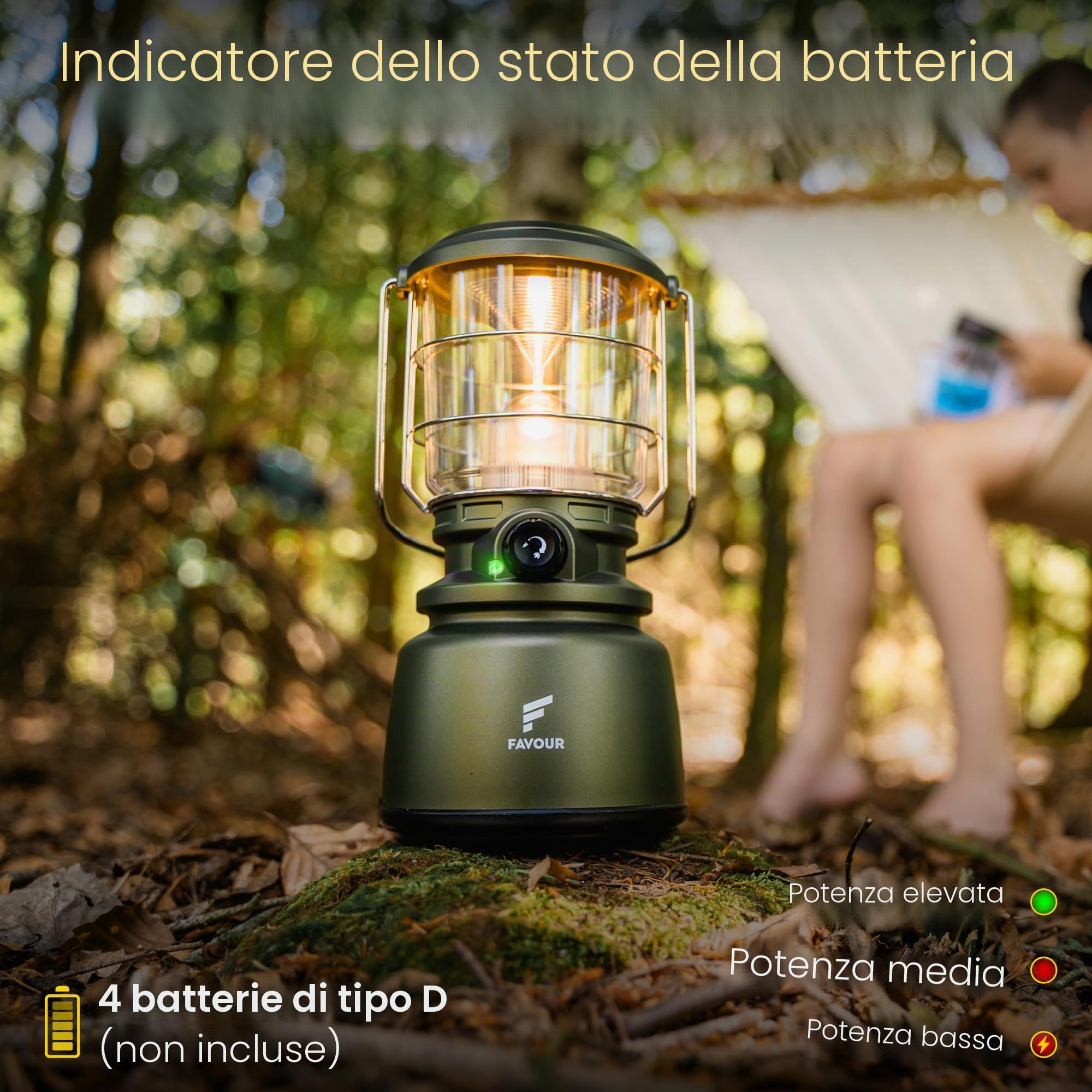 Lanterna da Esterno LED alta potenza 1300 Lumen, IP64 impermeabile e antiurto | Lampada da Campeggio a Batteria, gancio integrato, temperatura di colore regolabile, dimmerabile, verde