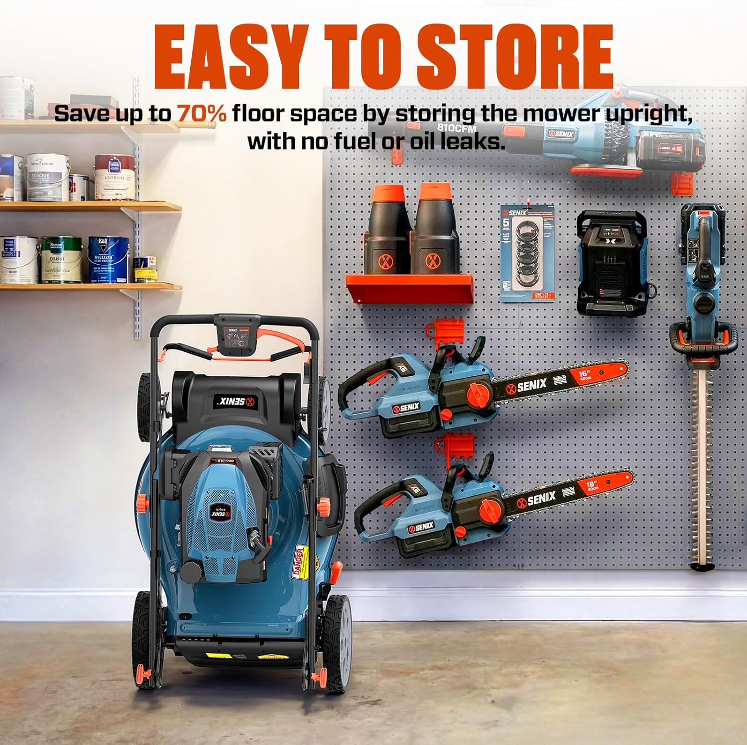 SENIX 201cc 22 inch Gas Lawn Mower with oil bottle next to it