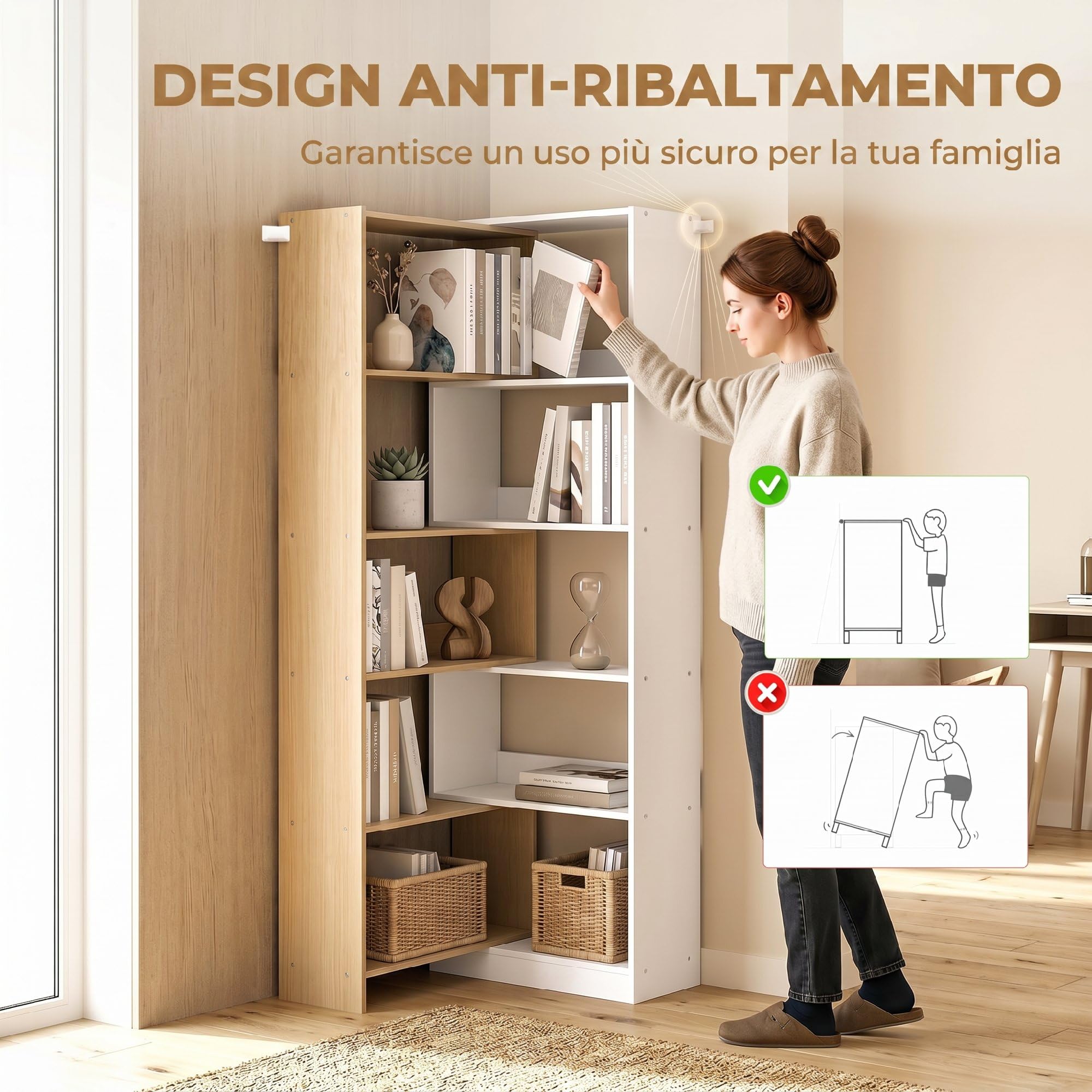HOMCOM Libreria Scaffale a 5 Ripiani, Design Rotante a 350°, 3 Modi di Disporre, Libreria Angolare ad L Salvaspazio, Scaffale Portaoggetti per Soggiorno Ufficio, 111.5x23.8x163.7 cm Color Legno/Bianco