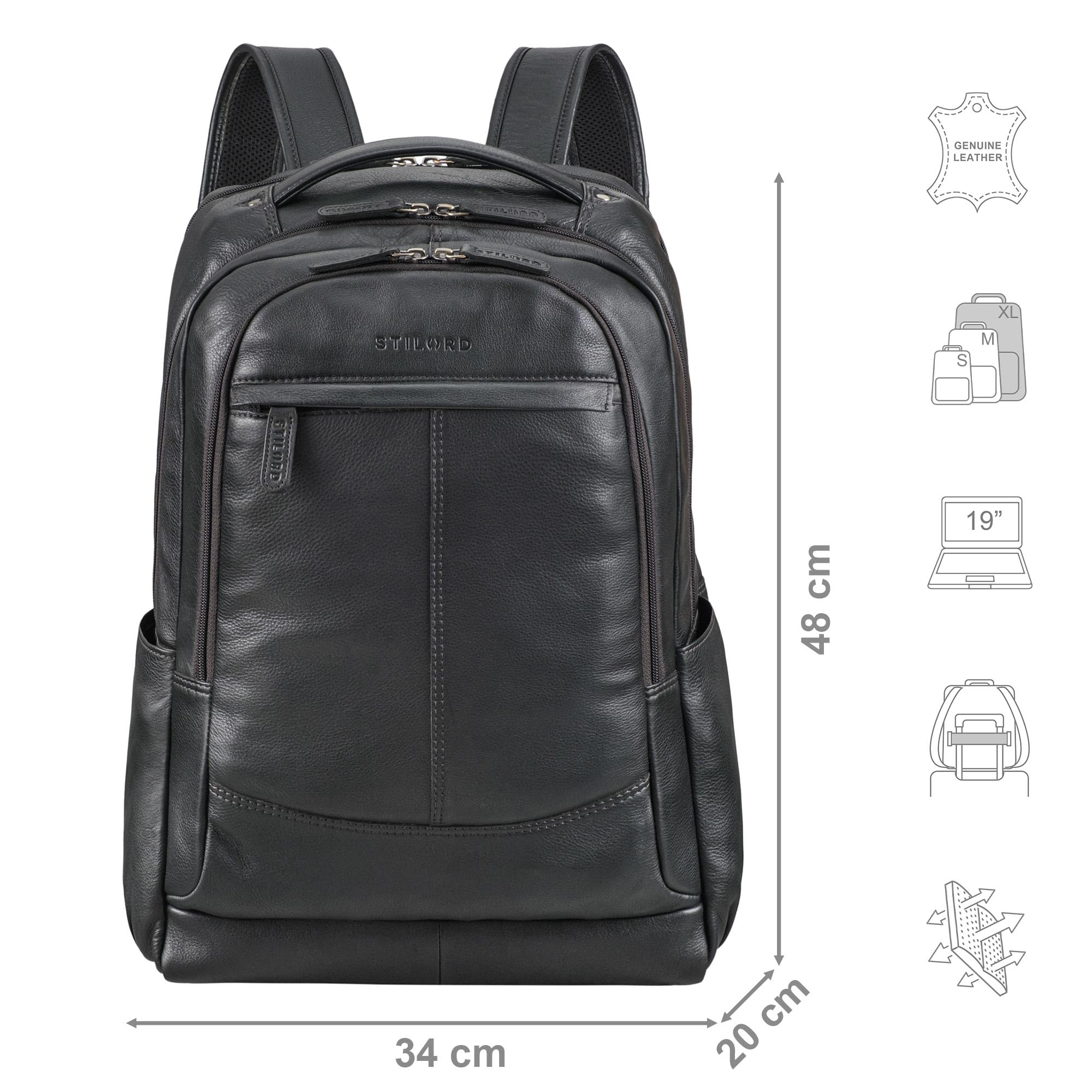 STILORD Maxim Grand Sac à Dos Homme Cuir Sac a Dos Ordi Portable 17-19 Pouces Backpack Antivol XL Sac Travail Sac a Dos Voyage Femme Cuir Véritable Couleur:Noir