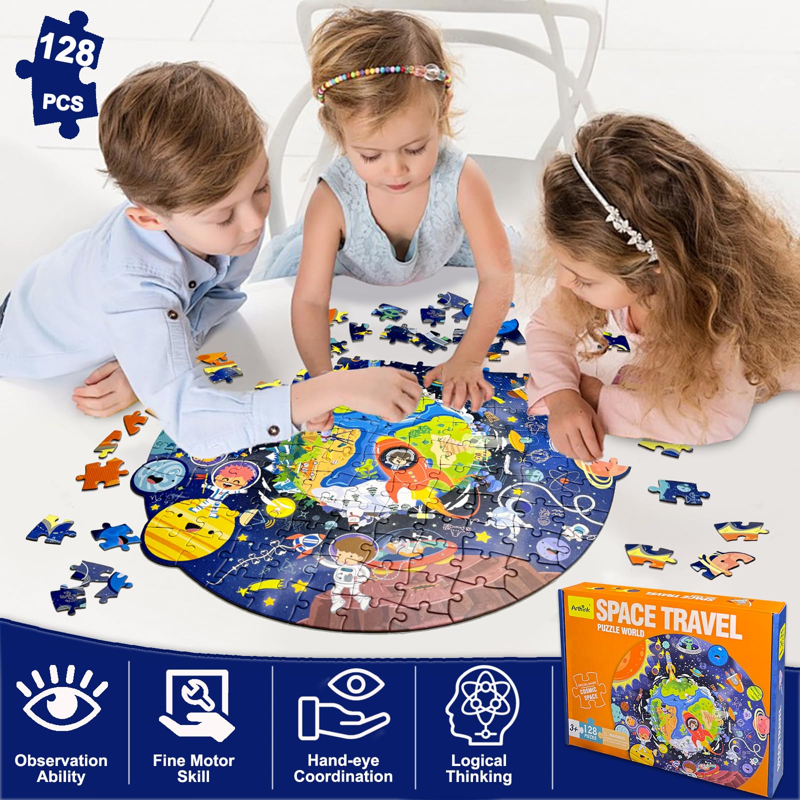 Kulveanju Puzzle Bambini 3 4 5 6 Anni, 128 Pezzi Puzzle da Viaggi Nello Spazio, Grande Circolare Puzzle, Giochi Creativi Puzzle Regalo per Ragazzi e Ragazze 3-7 Anni, 44x45 cm