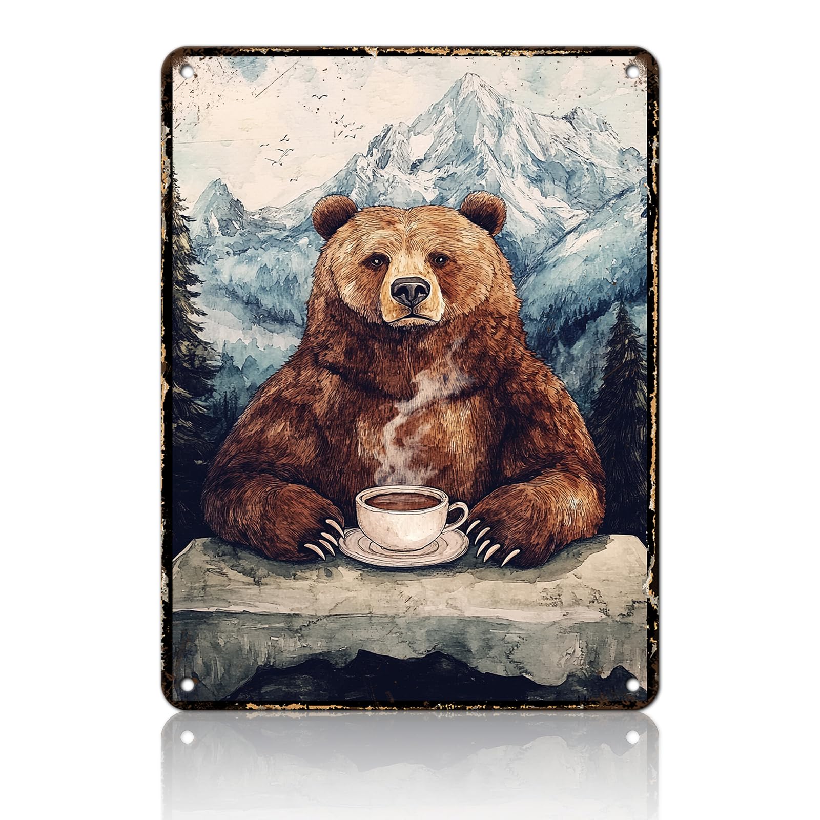 Anceky Retro Metal Tin Sign Bear Camp Coffee Cup Sign Funny Wall Decor for Home Farmhouse Backyard Bar Outdoor 12×16 Inch