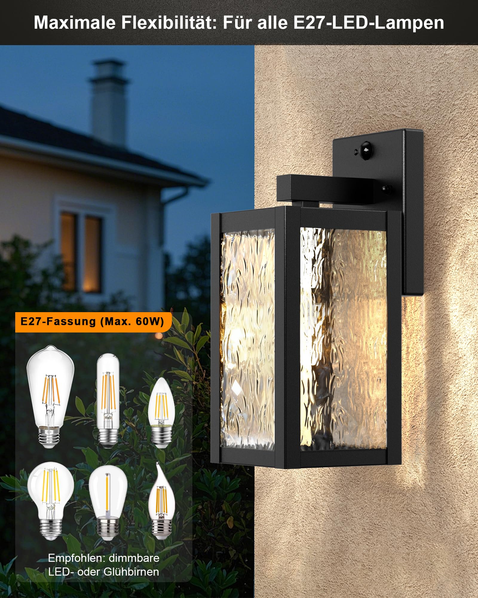 2er Set Aussenlampe mit Bewegungsmelder E27 Glas Schwarz IP44 | Aussenleuchten 3 Beleuchtungsmodi Wasserstruktur-Glas Industrial 230V Hof Eingang Haustür Garage Garten ohne Leuchtmittel