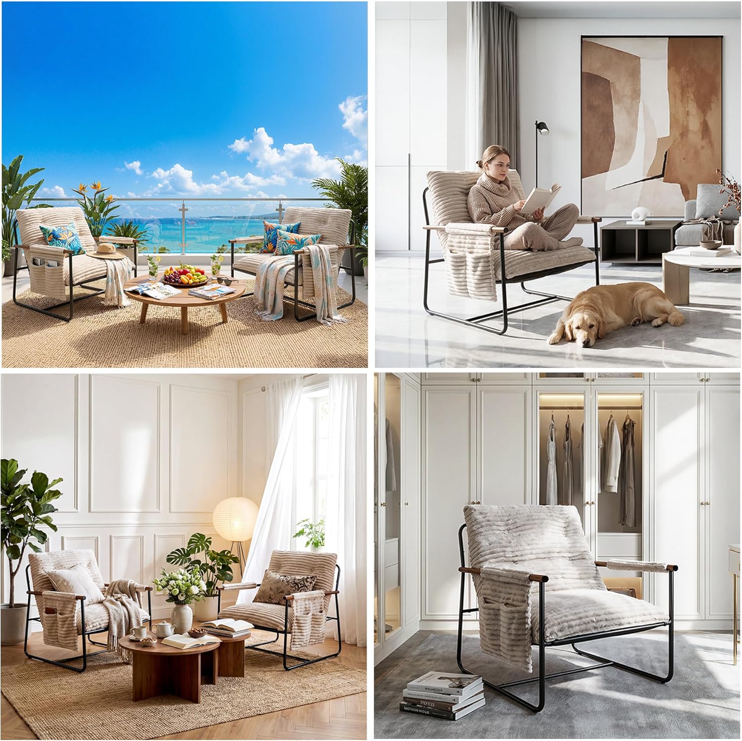 Comfy Accent Chair Modern Living Room Chair Cozy Lounge Chairs Oversized Armchair With Wood Armrests Sturdy Metal Frame Upholstered Reading Chair Soft Cushion sofa Chairs For Bedroom Balcony Porch