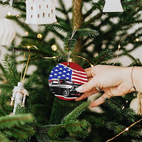Miniatura 7 de Muscle Car con bandera estadounidense, decoraciones navideñas redondas de cerámica, adorno colgante de Navidad para fiesta de árbol de Navidad