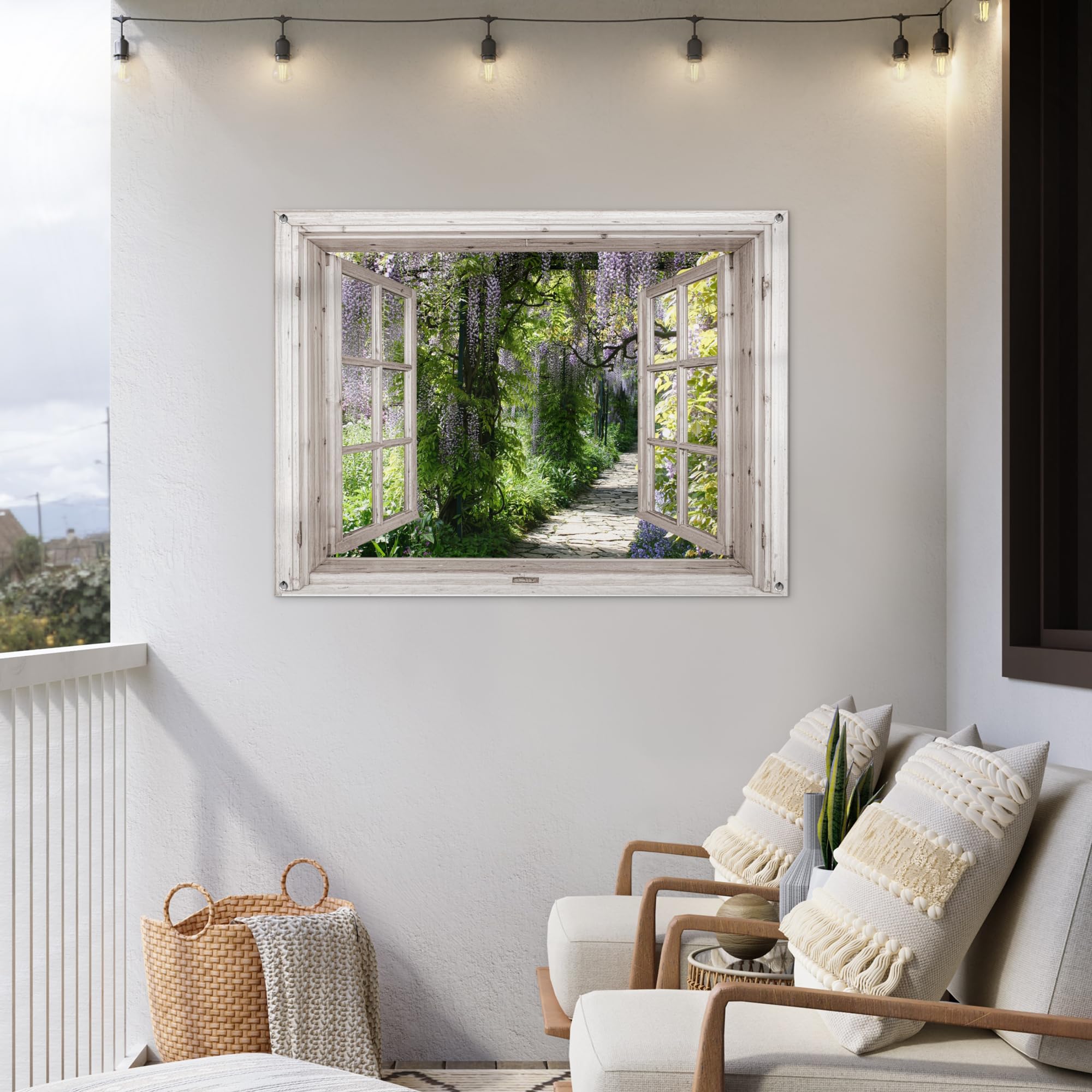 MuchoWow© Decoracion Pared Exterior 120x90 cm Posters Decorativos Jardin Terraza Balcon Wall Decoration Decoración Patio Póster De Jardín Glicinia - Flores - Vista - Árbol - Primavera