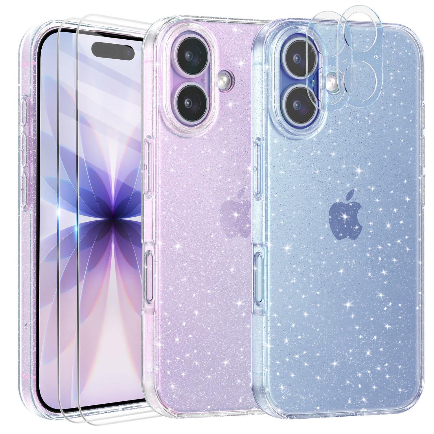Funda Compatible con iPhone 17 con 2 Unidades de Protector de Pantalla de Cristal Templado y 2 Protector de Lente de Cámara, Carcasa Transparente Glitter Brillante de Silicona TPU
