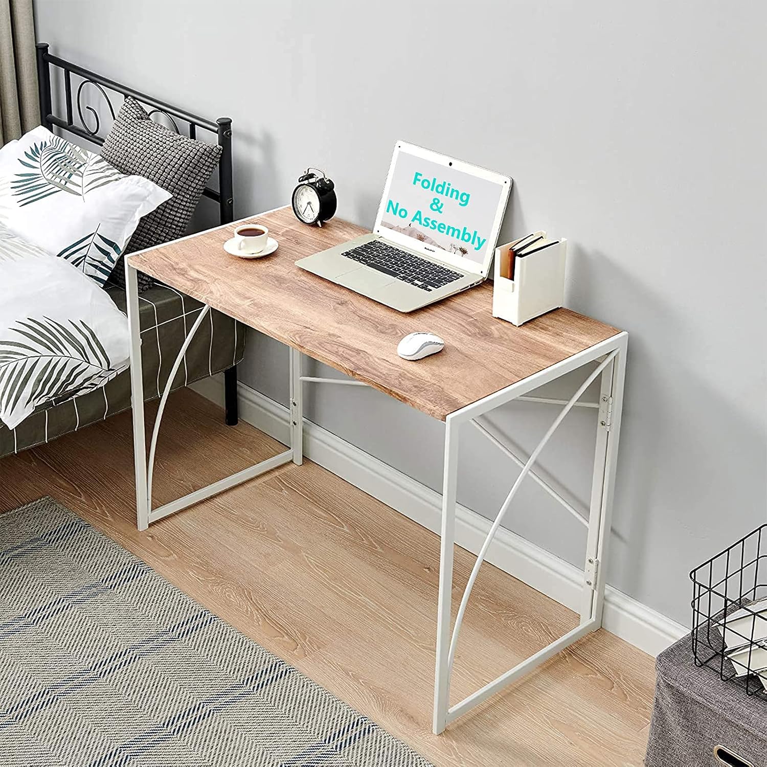 Folding Desk Computer Gaming Desk 40” No Assembly Laptop Desk Small Kids Writing Desk for Home Office Portable Wood Student Study PC Table Modern Space Saving School Work Desk for Bedroom, Oak White