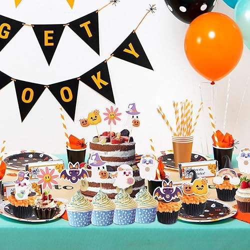 Miniatura 6 de Konsait 24 adornos para cupcakes de fantasmas de Halloween, temática hippie de Little Boo, para fiestas de Halloween, decoración de fiesta de feliz