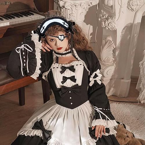 Miniatura 4 de LaVenty Diadema de Lolita y collar de lazo, 2 diademas de sirvienta con gargantilla de encaje, accesorios para el cabello de cinta blanca para