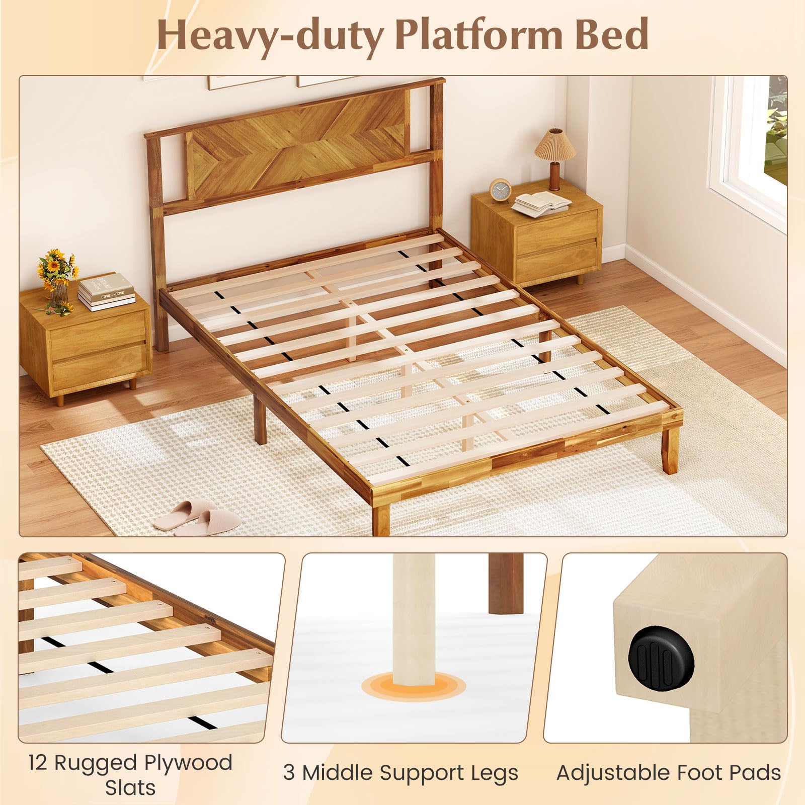 Giantex Full Size Acacia Wood Platform Bed Frame, Mid-Century Modern Bed Frame with Headboard, Wooden Slats Support, Under-Bed Space, No Box Spring Needed, Easy Assembly, Caramel: Full Hollowed Art Deco
