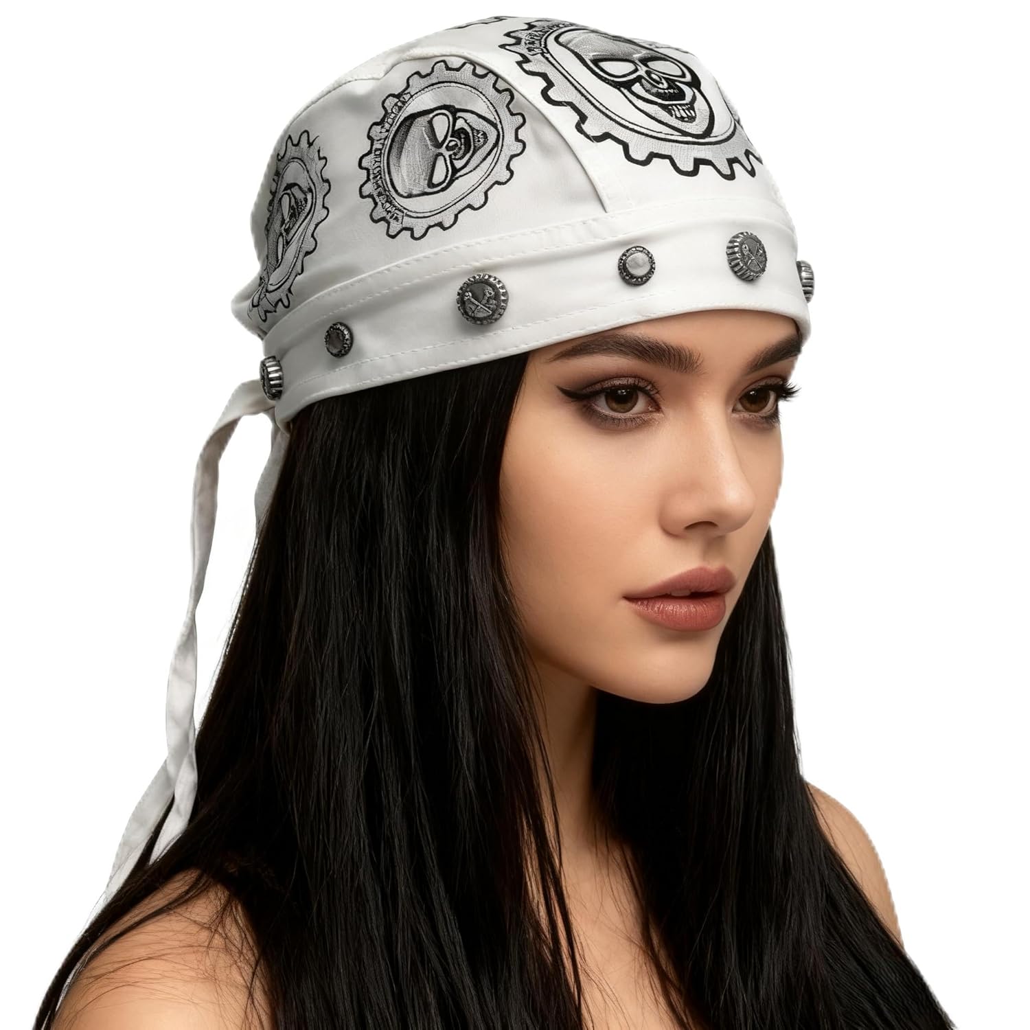 White Biker Rocker Gears Skull Rivet Headwrap Cap Men Women Bandana Doo Do Rag Cap
