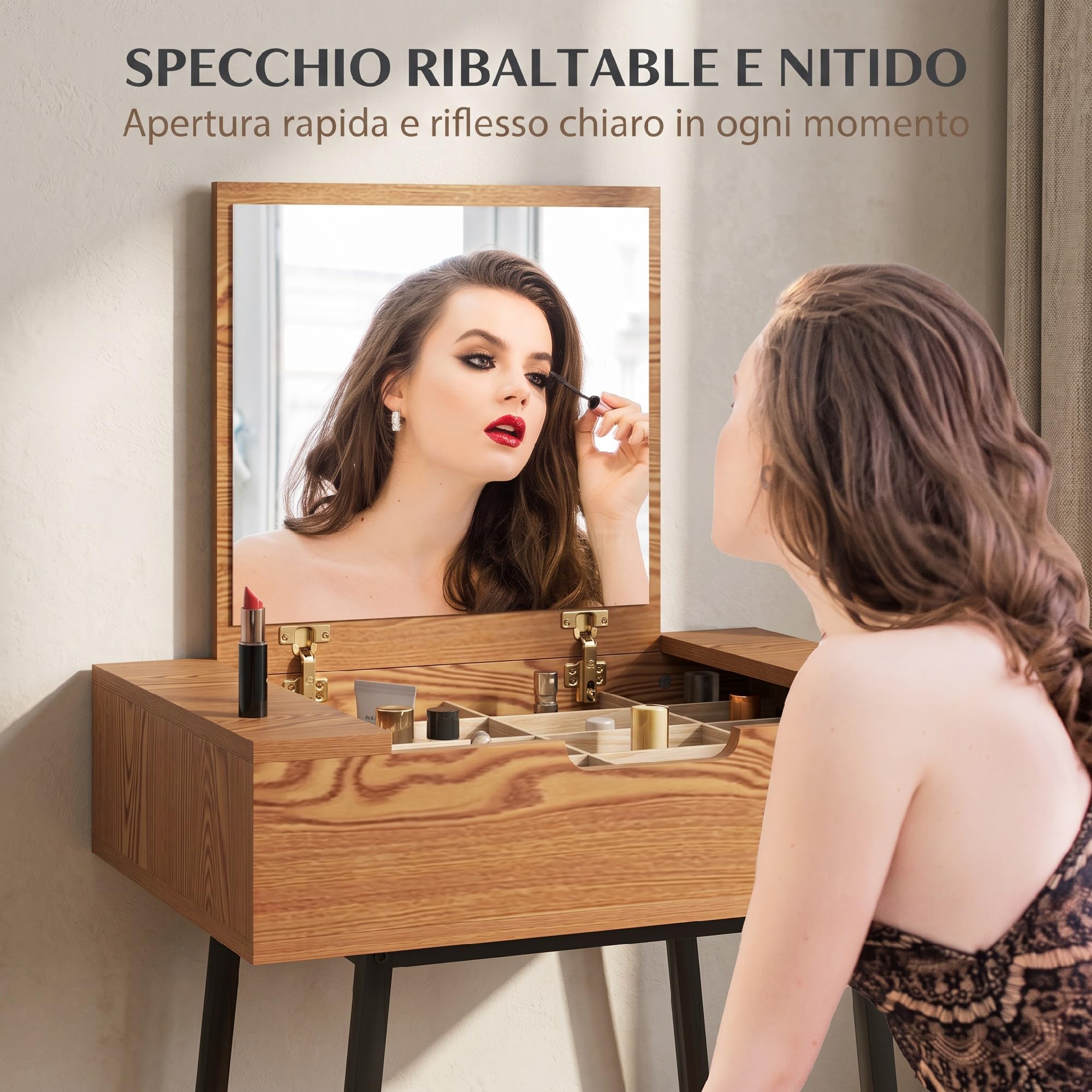 HOMCOM Toeletta Trucco con Specchio Ribaltabile 60x40x90 cm Colore Legno | Elegante, 16 Scomparti Nascosti, Postazione Make Up, Legno e Acciaio, per Camera da Letto, Stile Moderno