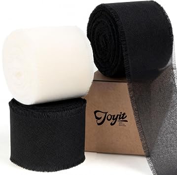 JOYIT Black Chiffon Ribbon 1 1/2 inch x 24 Yd 3 Rolls Frayed Fringe Ribbon for Flower Bouquet, Soft Silk Ribbons for Gift Wrapping Presents Wedding Invitations Crafts Decorations Ivory & Black