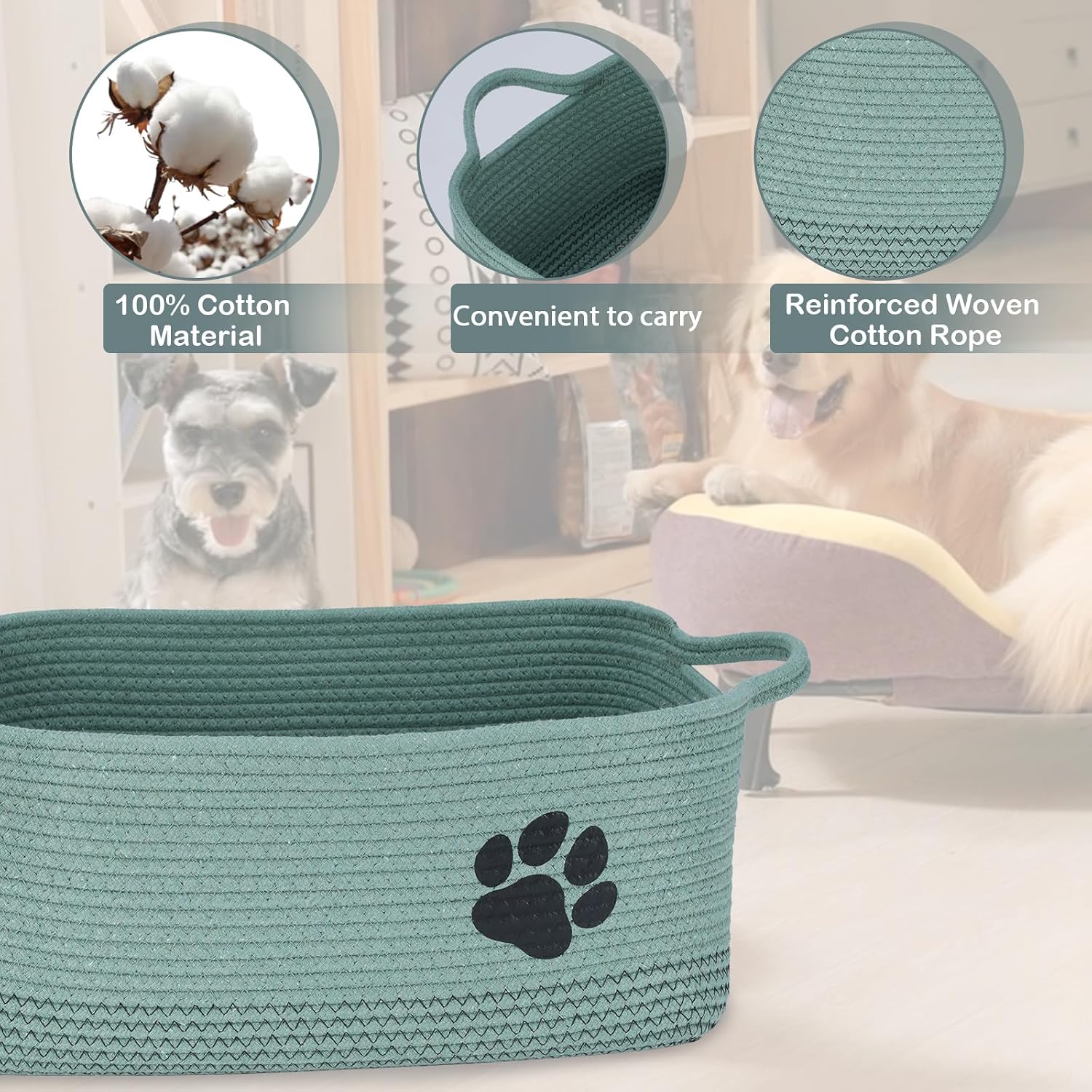 Set of 2 Woven Dog Toys Basket,Green Baskets for Dog Cat Toy,100% Cotton Rope Pet Toy Bin with Handles,Puppy Bed,Dog Storage Organizer for Toys,Collar,Leash,Nursing Supplies