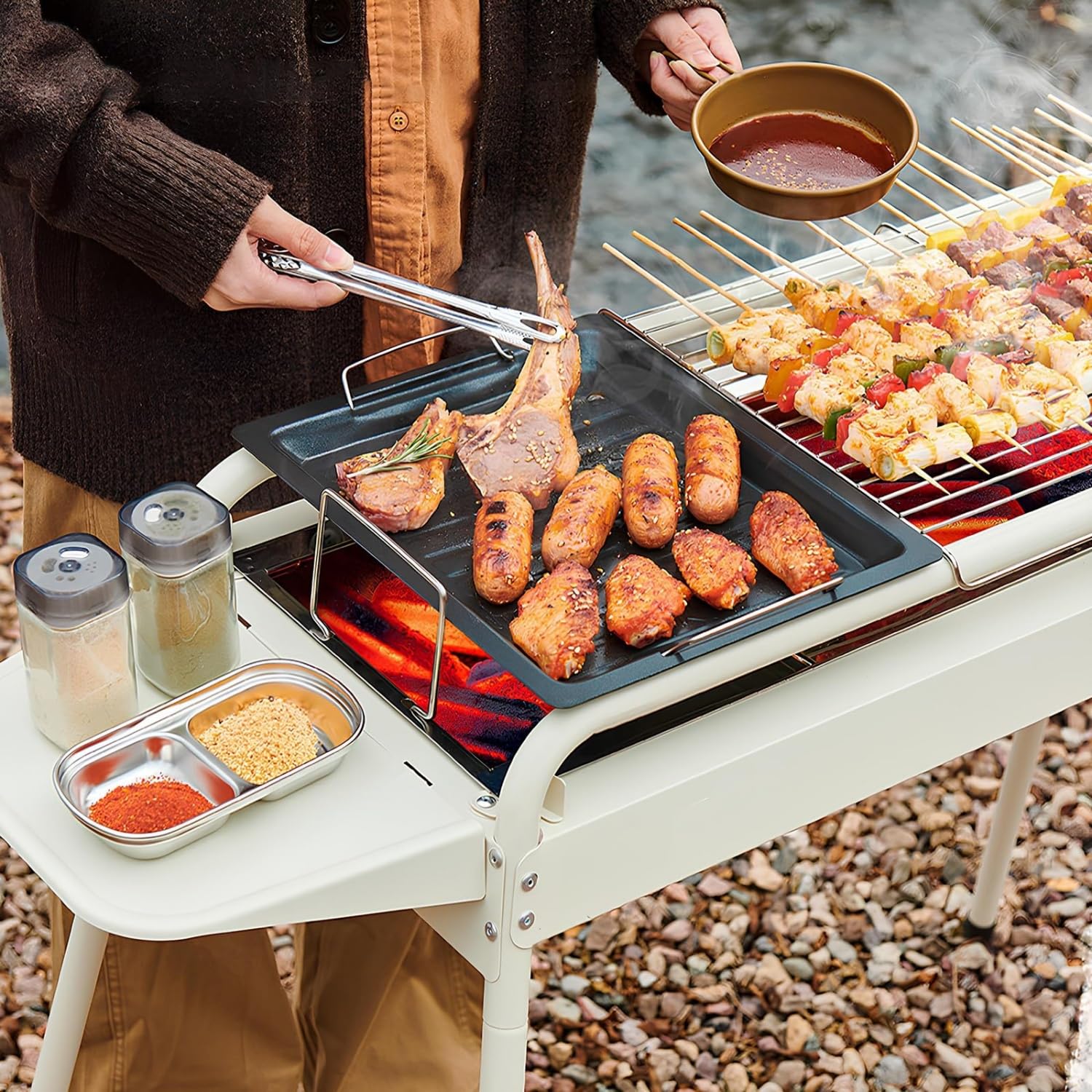 Przenośny grill węglowy 2 w 1 z regulowaną wysokością, grill, 80 szpikulców, rękawiczek i torba do przechowywania na kemping, do ogrodu, na plażę i patio