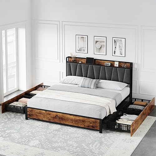 Miniatura 3 de IDEALHOUSE Base de cama de tamaño matrimonial con cabecera tapizada de lino de almacenamiento, plataforma de 4 cajones con estación de carga, no