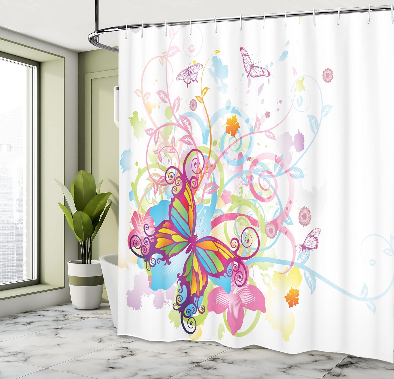 Ambesonne Butterfly Shower Curtain, Butterfly with Floral Elements and Leaves Curvy Branches Ornament Print, Cloth Fabric Bathroom Decor Set with Hooks, 69" W x 70" L, Dark Magenta