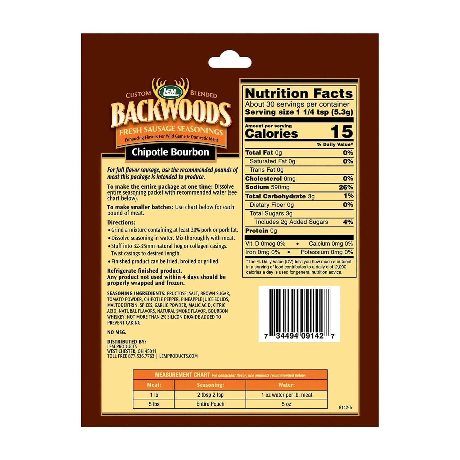LEM BACKWOODS Fresh Sausage - Chipotle Bourbon Seasoning 5.6 OZ
