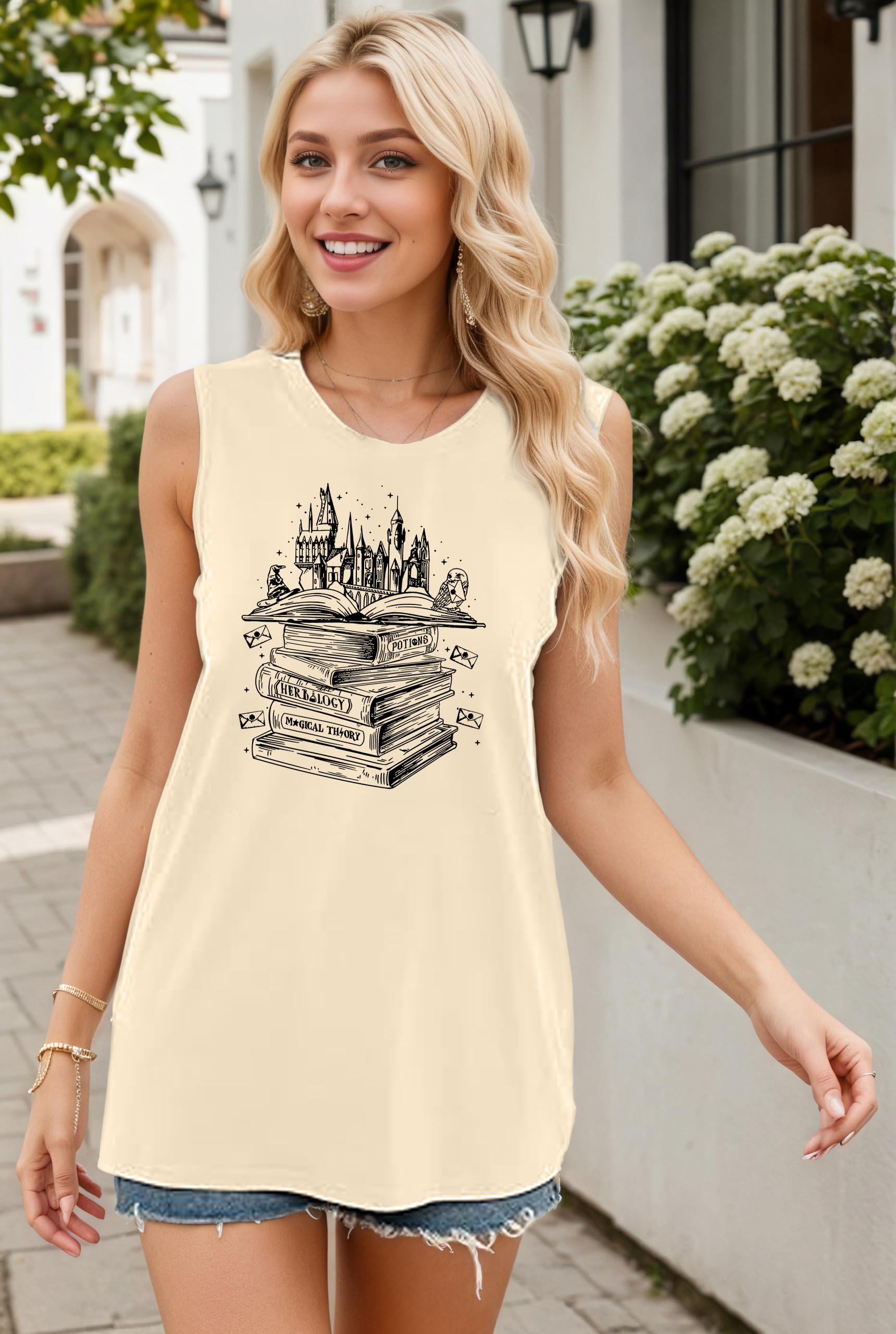 Tewmeu Flourish and Blotts - Camisetas sin mangas con diseño de libro para mujer, ropa de disfraz mágico de mago