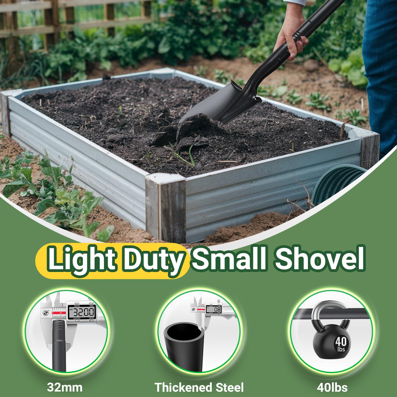 Piccole pale per scavare, pala da giardino con manico da 110 cm, resistente pala in metallo portatile per giardinaggio, campeggio, scavo paesaggistico, uso fuoristrada, nero