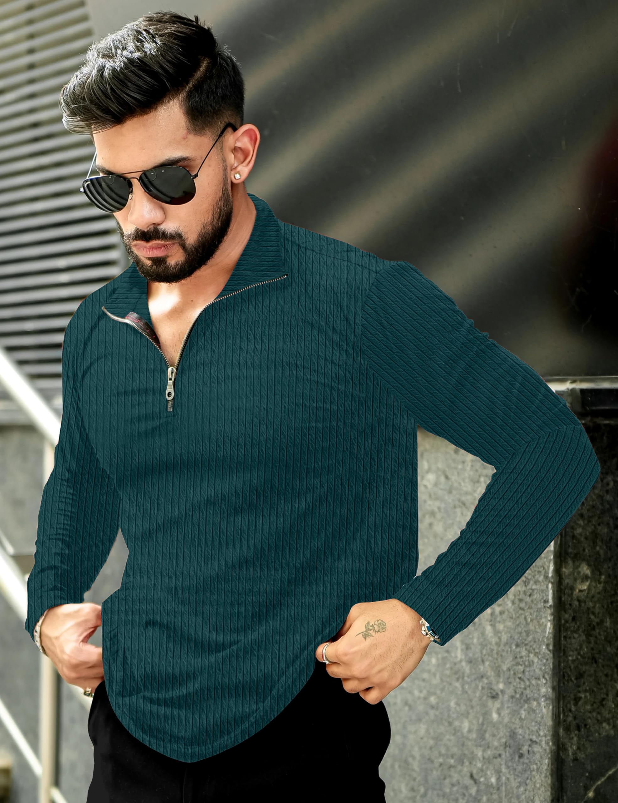 KAJARU Men's Quarter Zip Pullover T-Shirt, Cable Knit Pattern, Full Sleeve (in, Alpha, M, MOREPINCH) - Image 5 thumbnail
